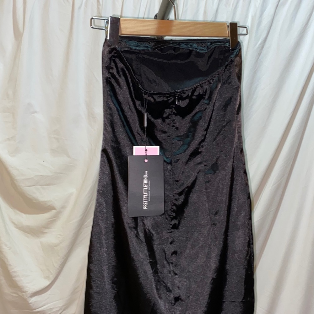 Black Bandeau Satin Split Bodycon Dress